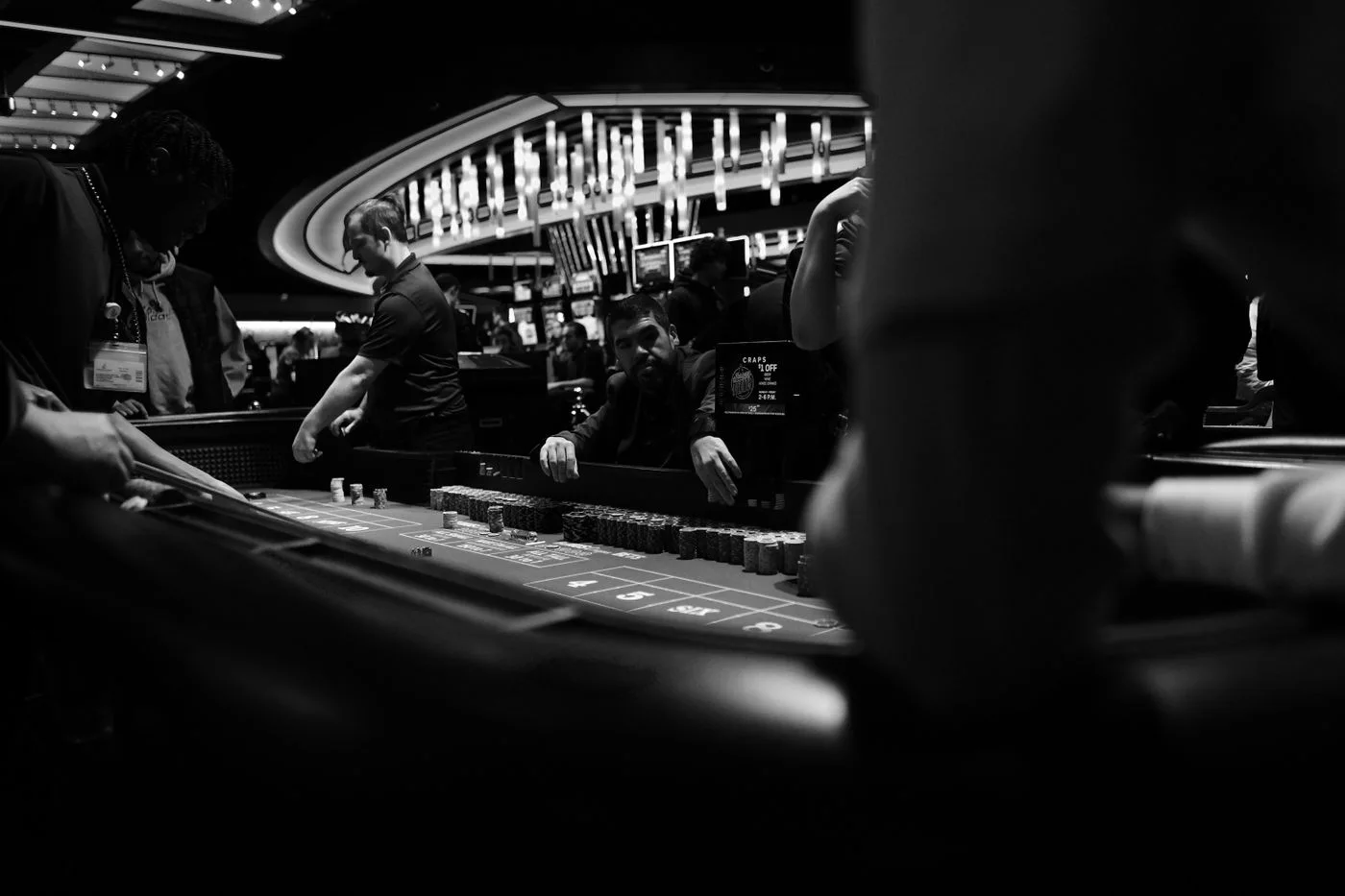A roulette wheel photographed in black and white